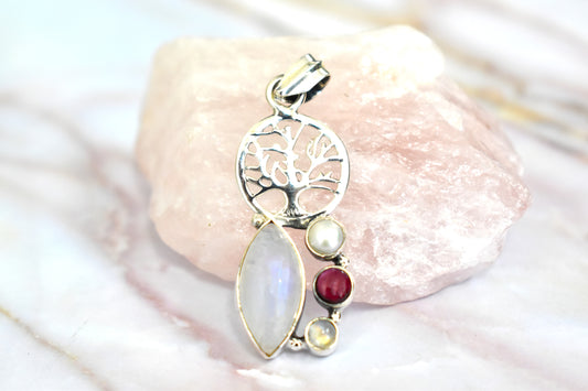 Rainbow Moonstone with Garnet and the Tree of Life Pendant