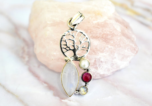 Rainbow Moonstone with Garnet and the Tree of Life Pendant - Stones of Transformation