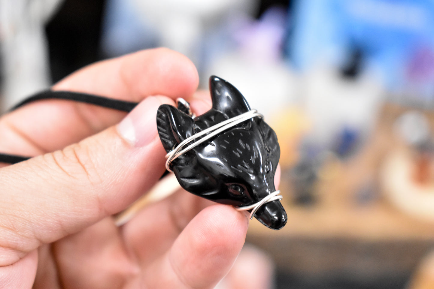 Sterling Silver Wrapped Obsidian Wolf With adjustable Cord Necklace