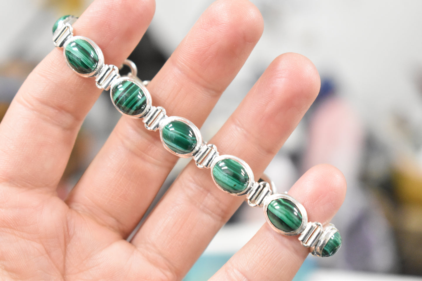 Sterling Silver Malachite Tennis Bracelet