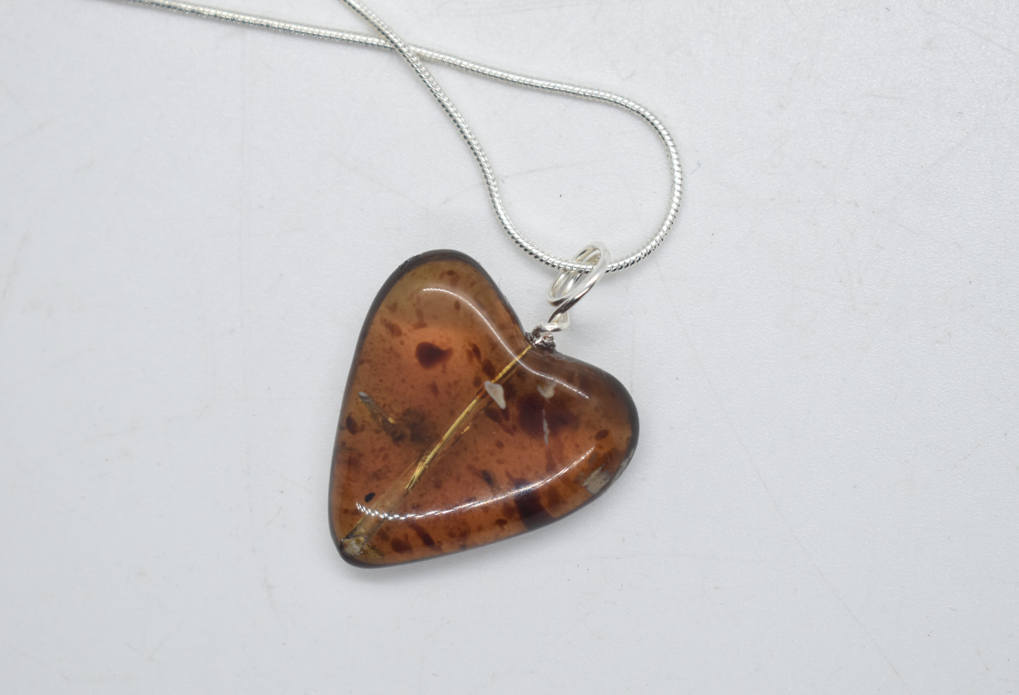 Blue Amber Heart Necklace with Sterling Silver Loop and Chain