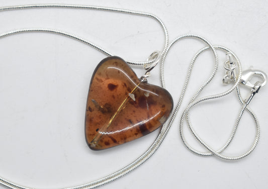 Blue Amber Heart Necklace with Sterling Silver Loop and Chain