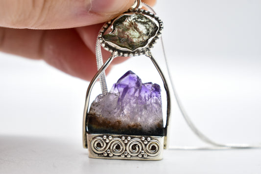 Moldavite and Amethyst Necklace