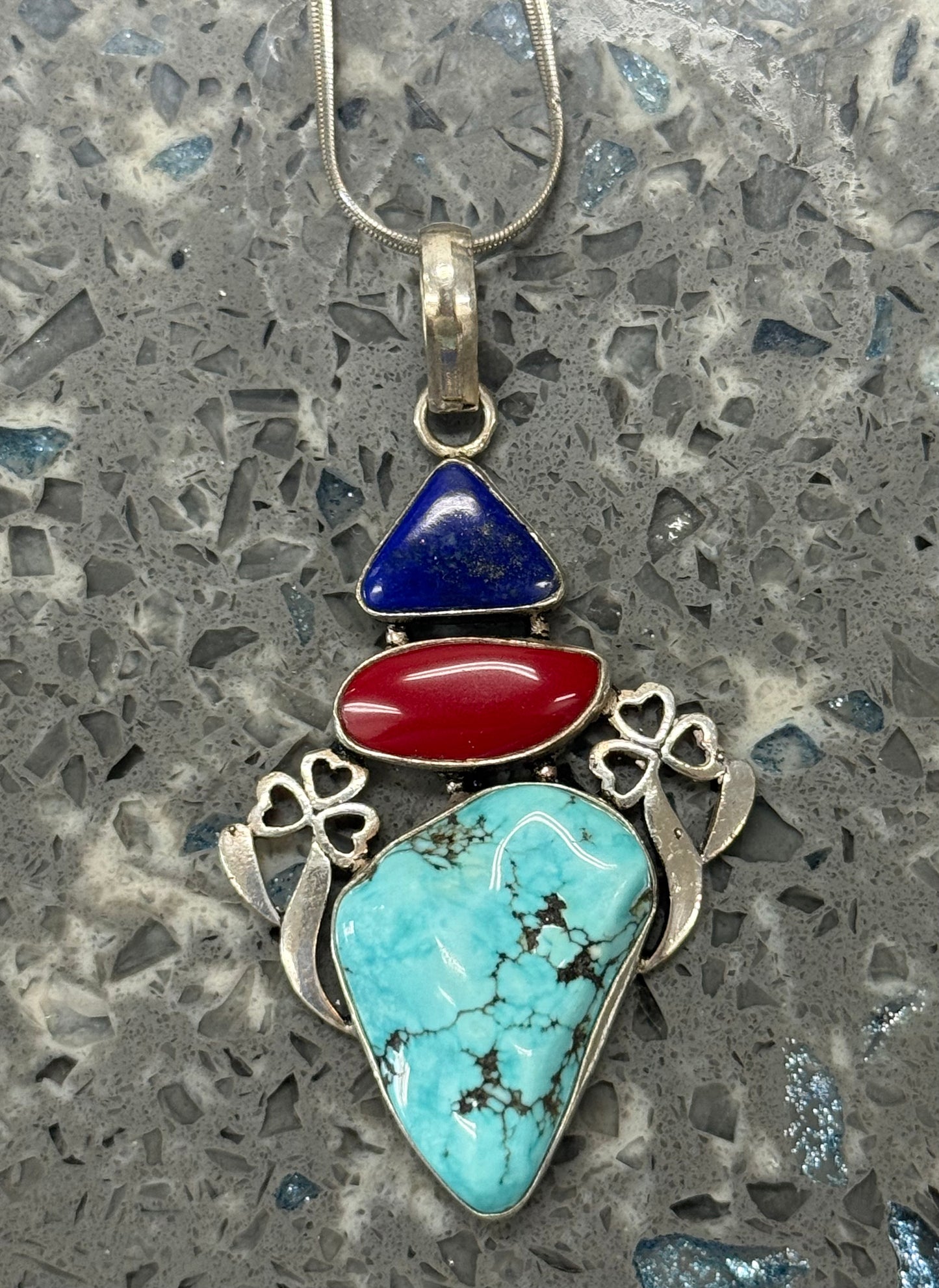 Blue Howlite, Red Coral, & Lapis Lazuli Sterling Necklace