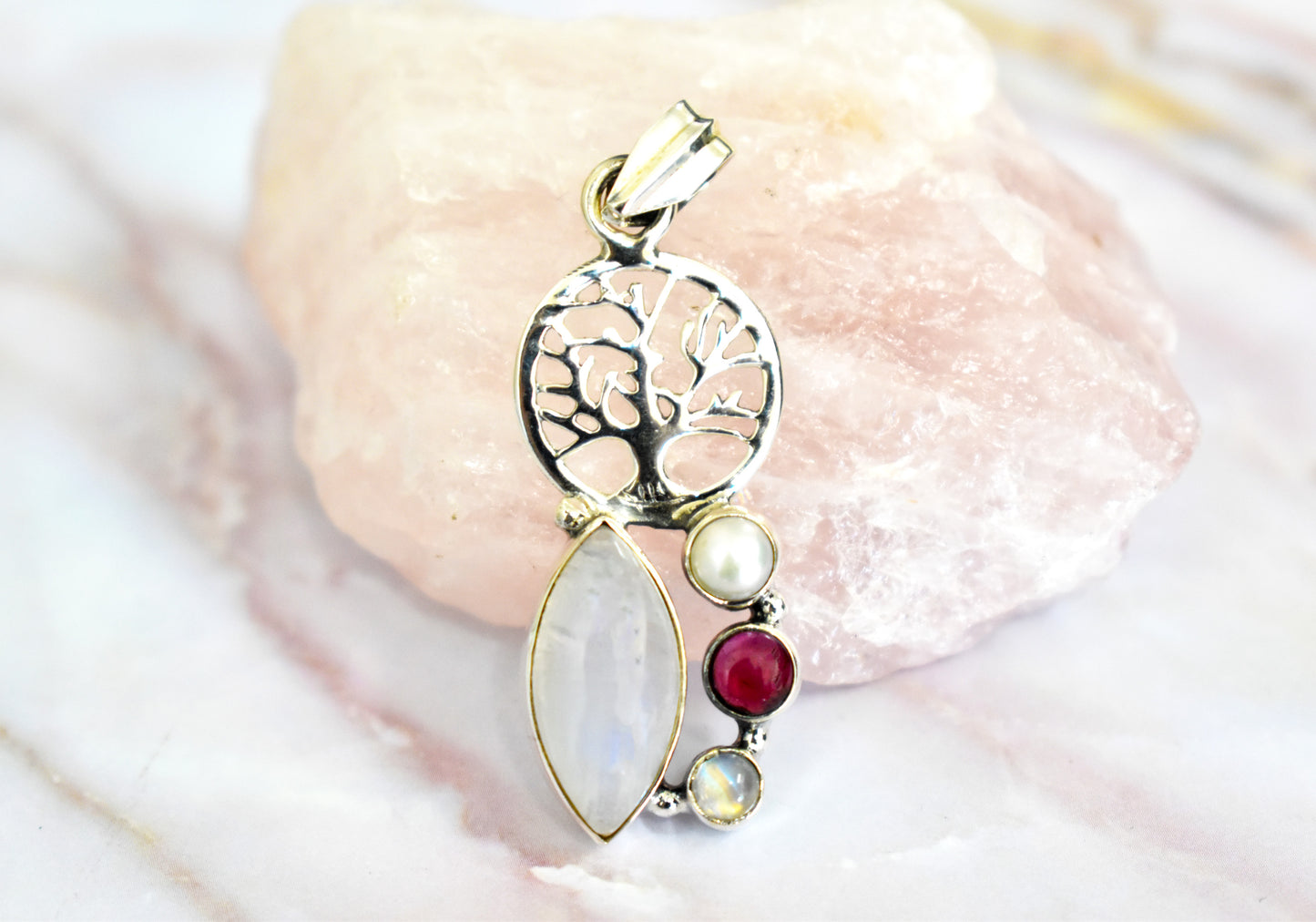 Rainbow Moonstone with Garnet and the Tree of Life Pendant