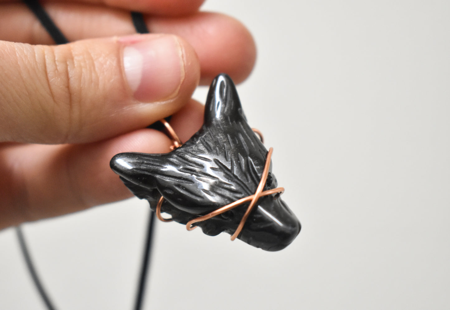 Copper Wrapped Obsidian Wolf Necklace