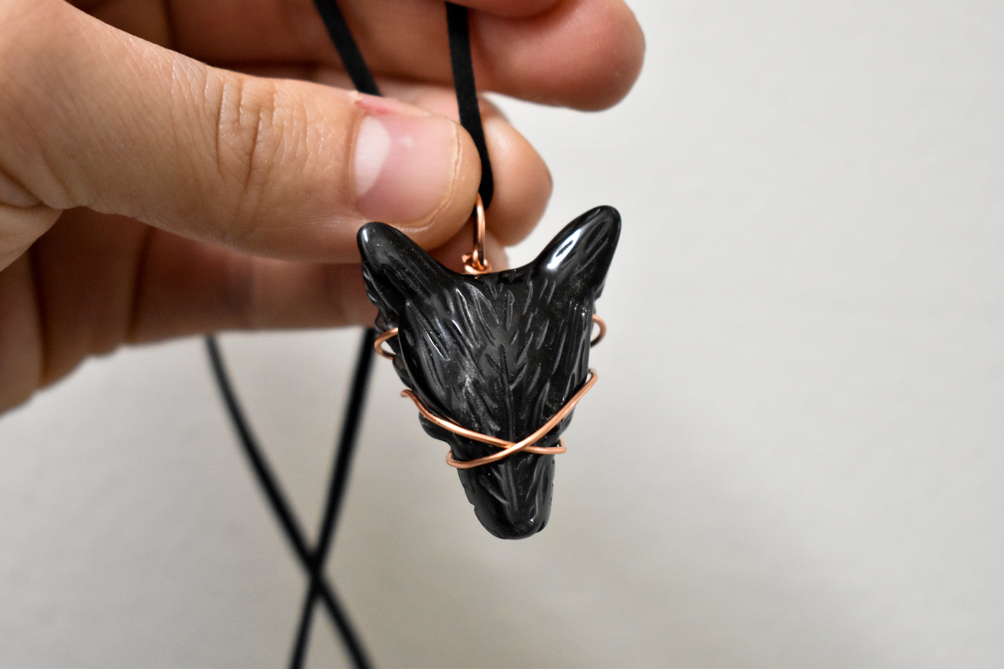 Copper Wrapped Obsidian Wolf Necklace
