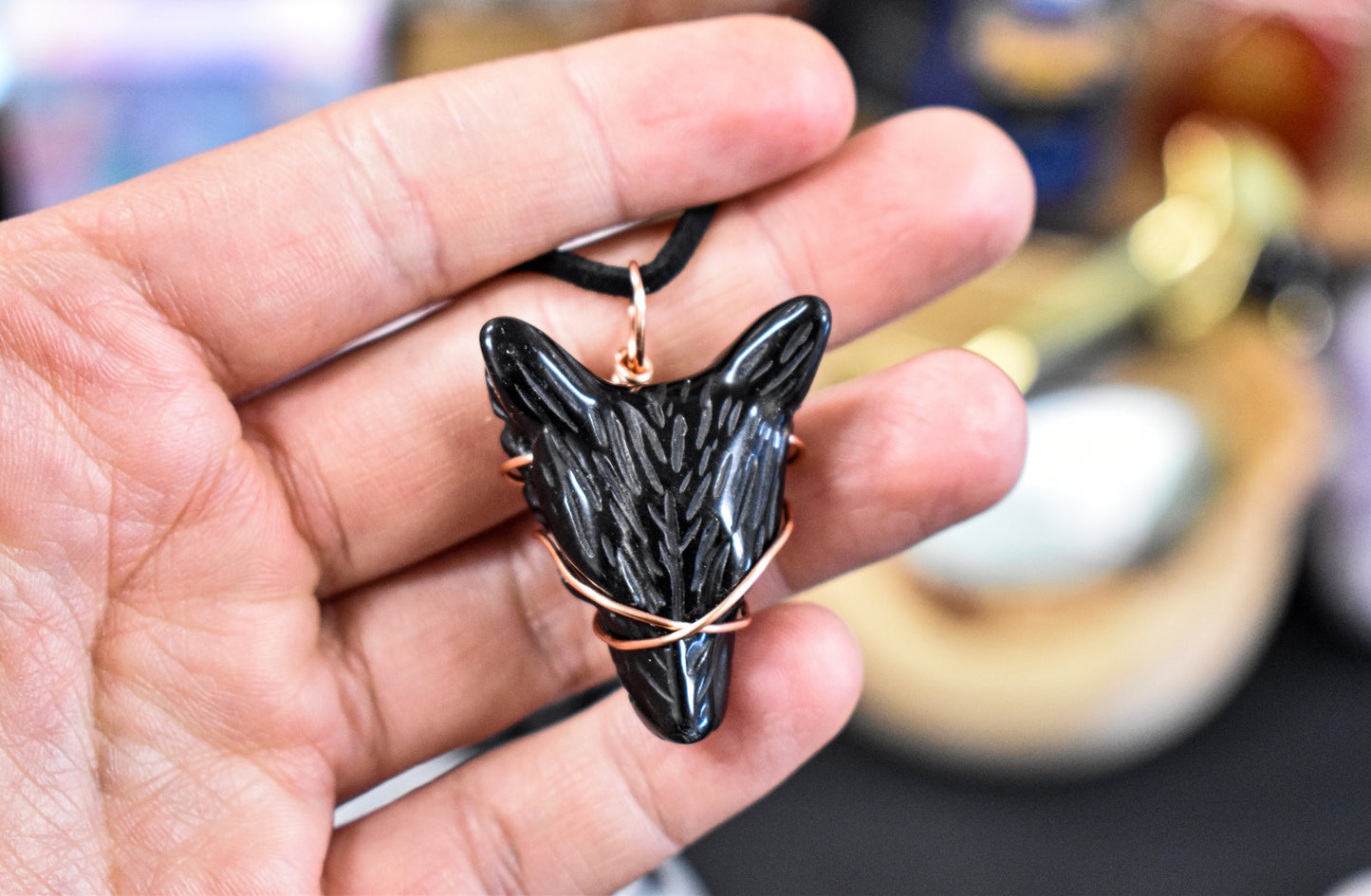 Copper Wrapped Obsidian Wolf Necklace
