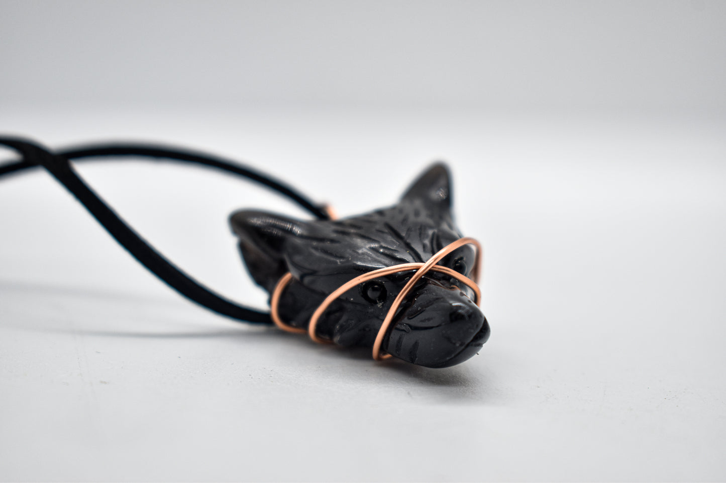 Copper Wrapped Obsidian Wolf Necklace