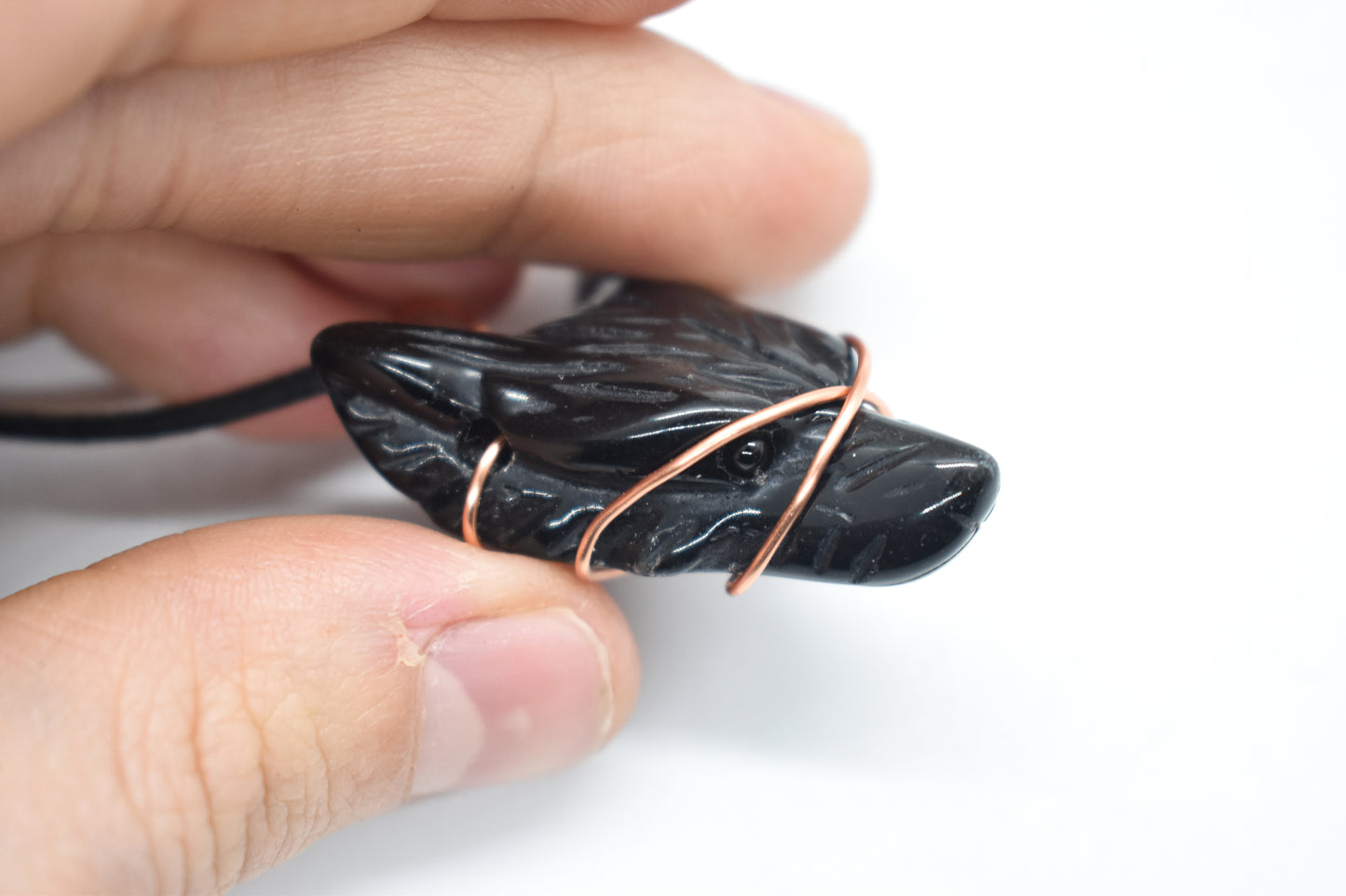 Copper Wrapped Obsidian Wolf Necklace