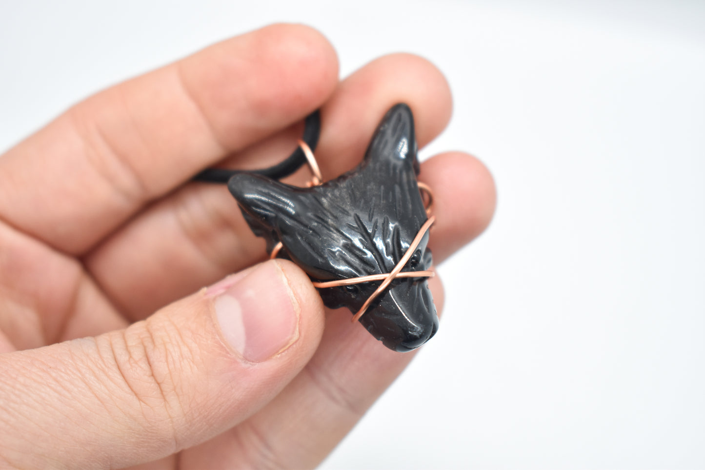 Copper Wrapped Obsidian Wolf Necklace