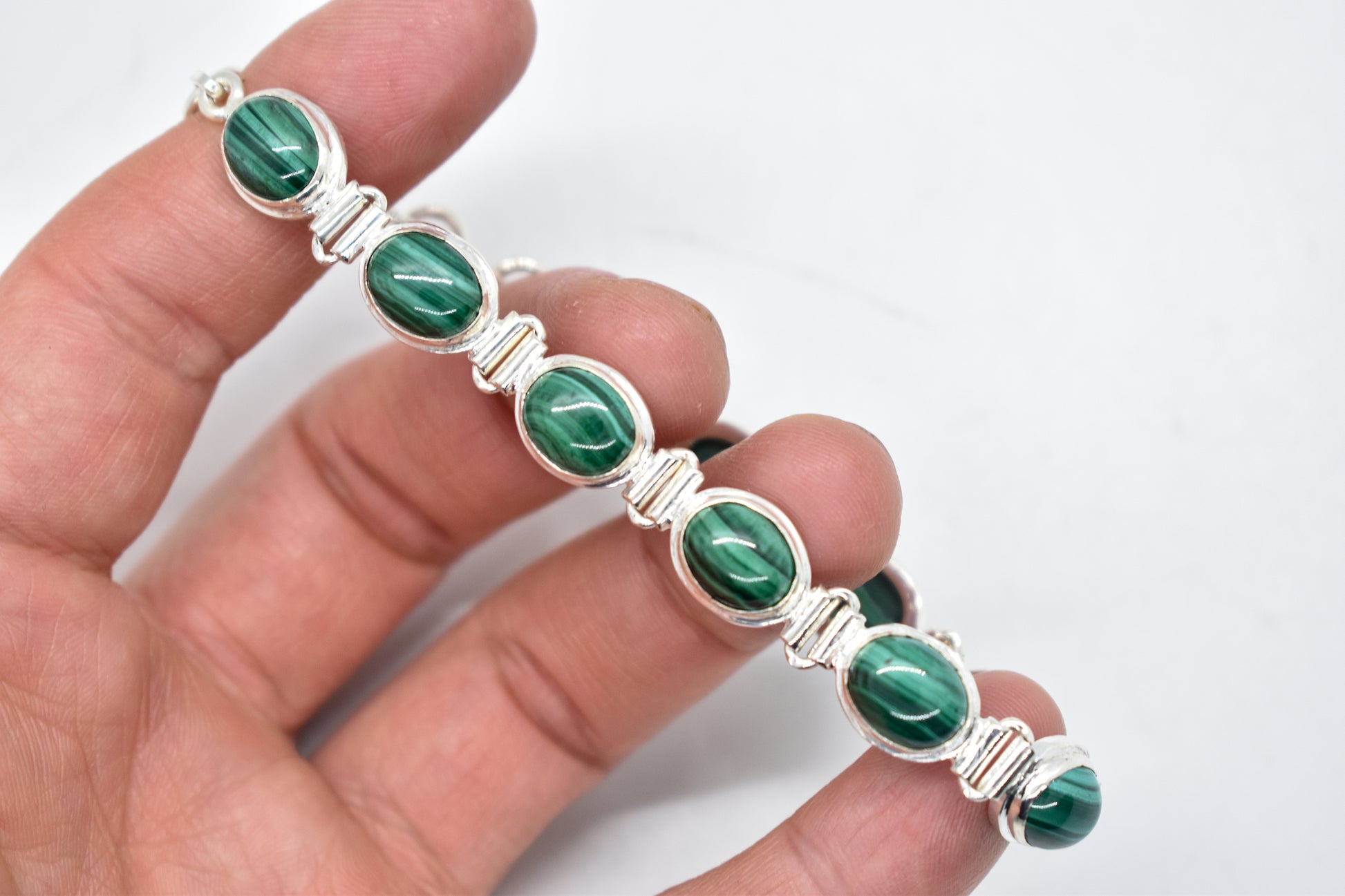 Large Sterling Silver Malachite Link Bracelet