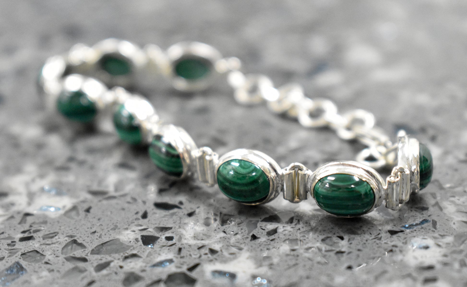 Large Sterling Silver Malachite Link Bracelet