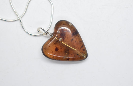 Blue Amber Heart Necklace with Sterling Silver Loop and Chain