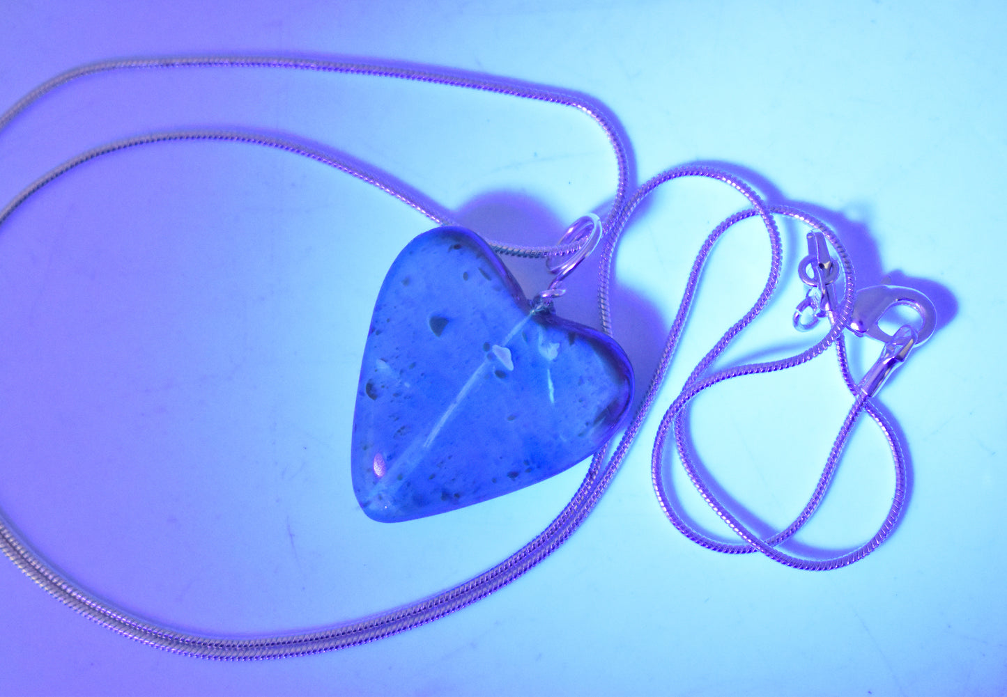 Blue Amber Heart Necklace with Sterling Silver Loop and Chain
