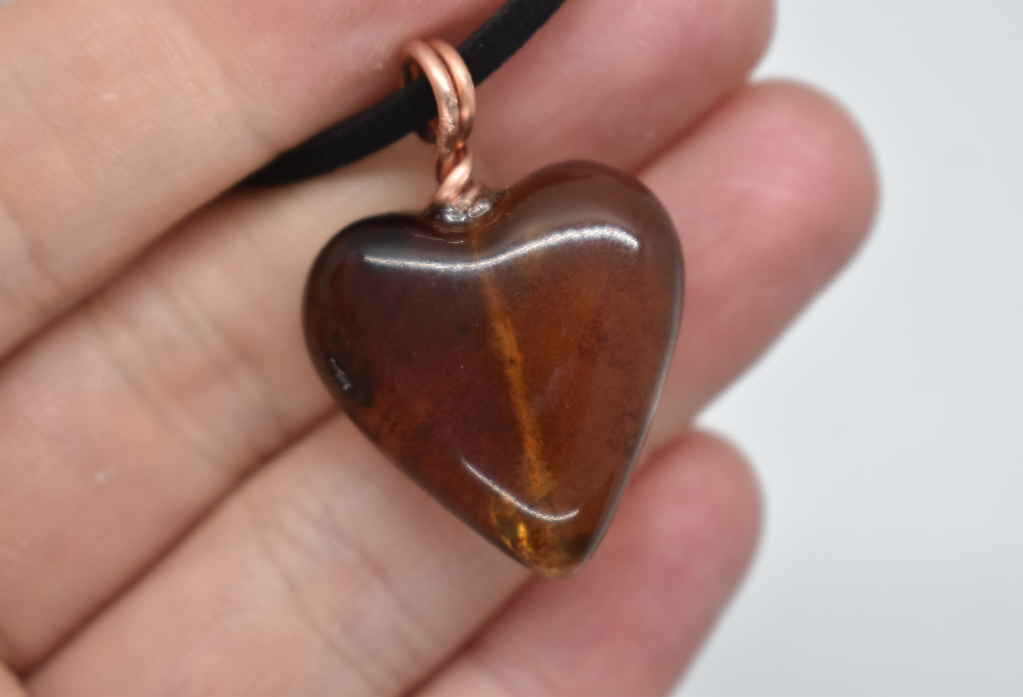 Blue Amber Heart Necklace with Copper Loop