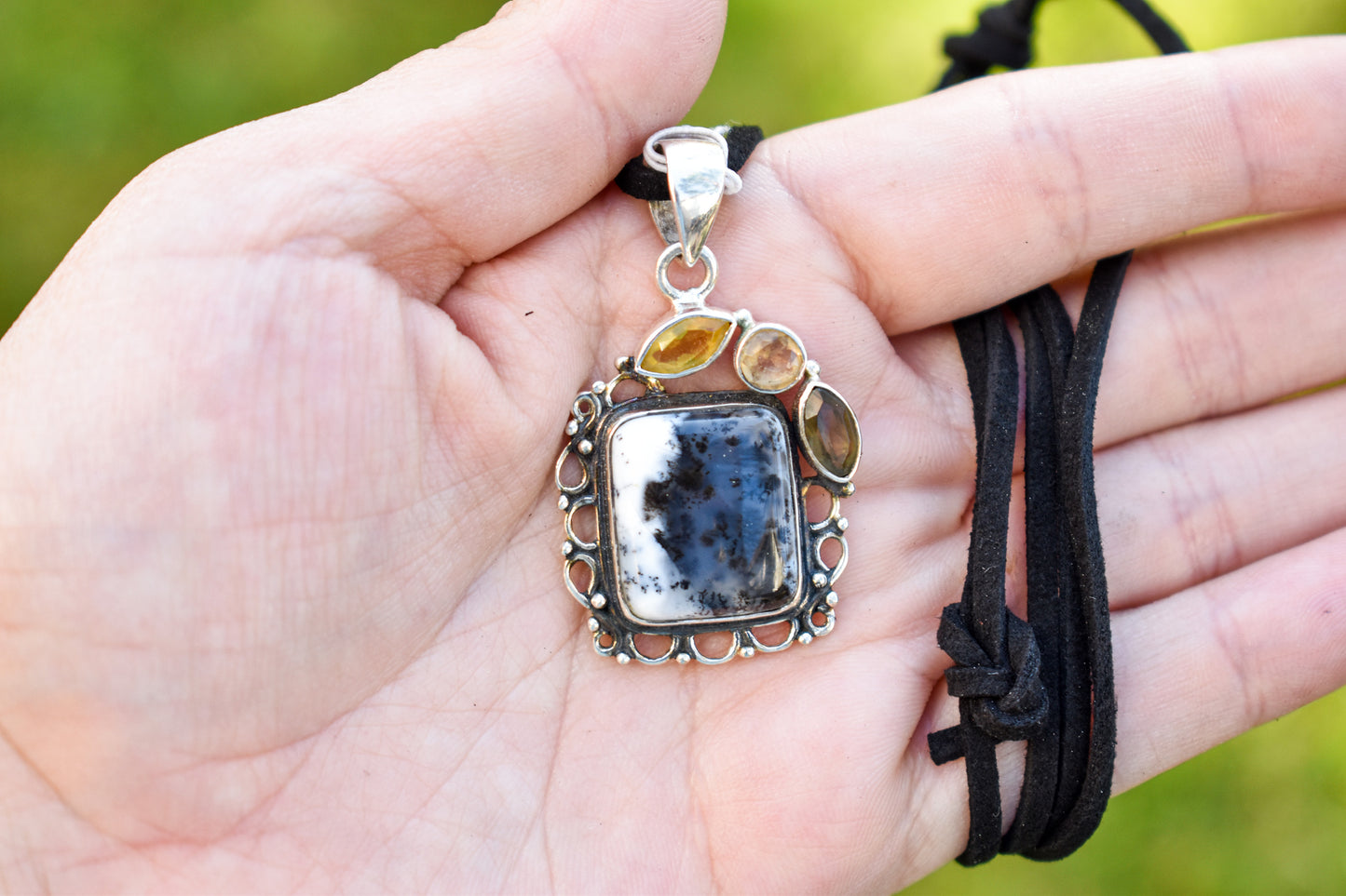 Dendritic Agate, Smoky Quartz and Citrine Necklace