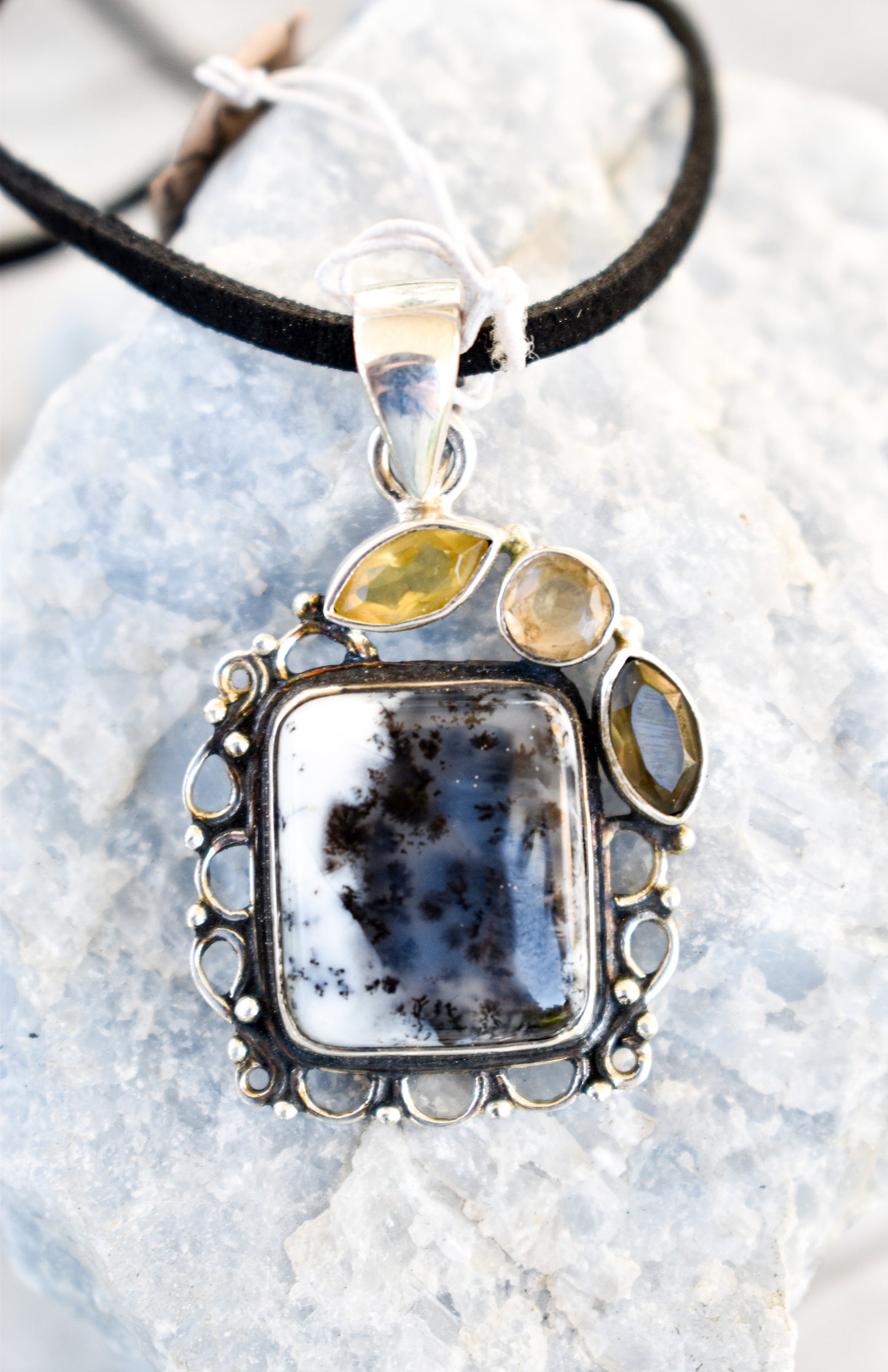 Dendritic Agate, Smoky Quartz and Citrine Necklace