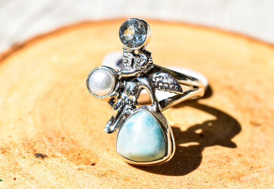 Larimar, Blue Topaz and Pearl Ring (Size 8)