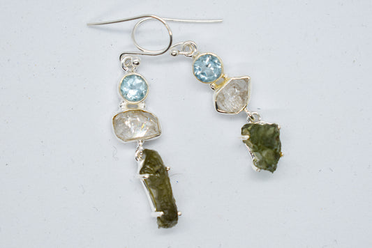 Herkimer Diamond, Blue Topaz and Moldavite Earrings