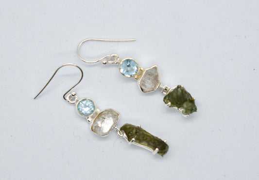 Herkimer Diamond, Blue Topaz and Moldavite Earrings