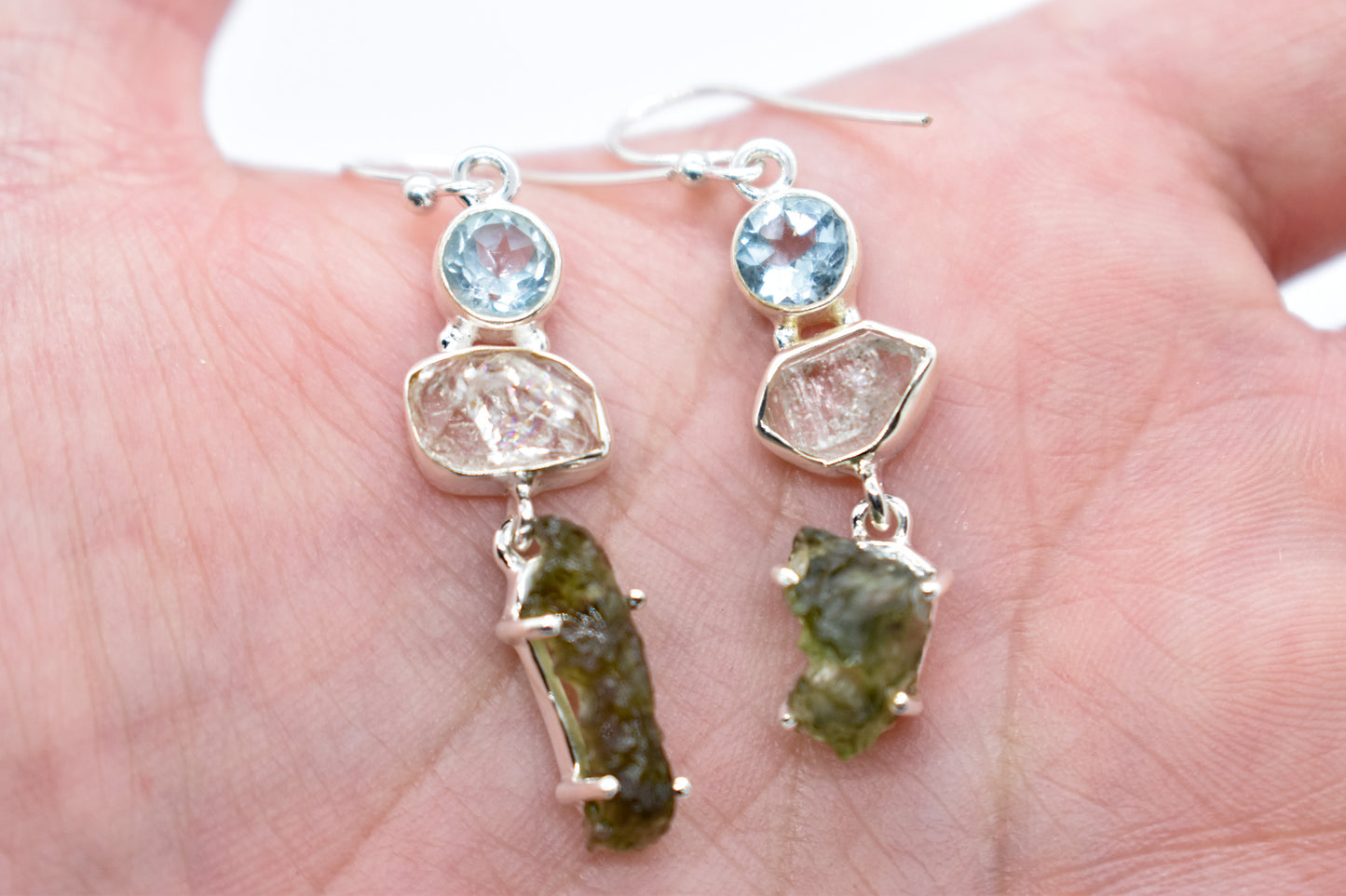 Herkimer Diamond, Blue Topaz and Moldavite Earrings