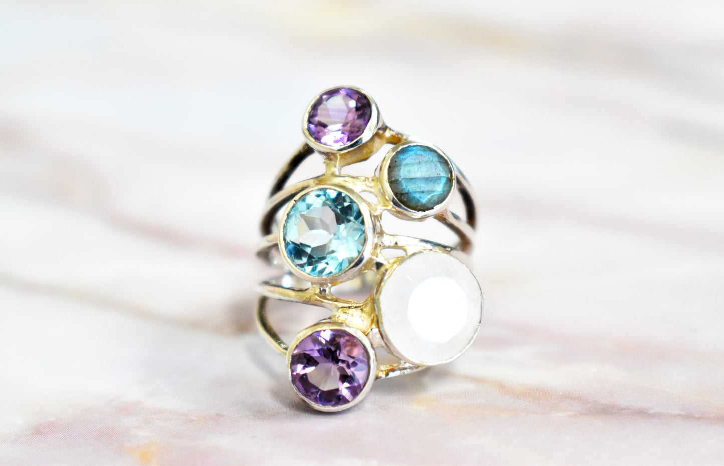 Amethyst, Blue Topaz, Moonstone and Labradorite Ring (Size 8)