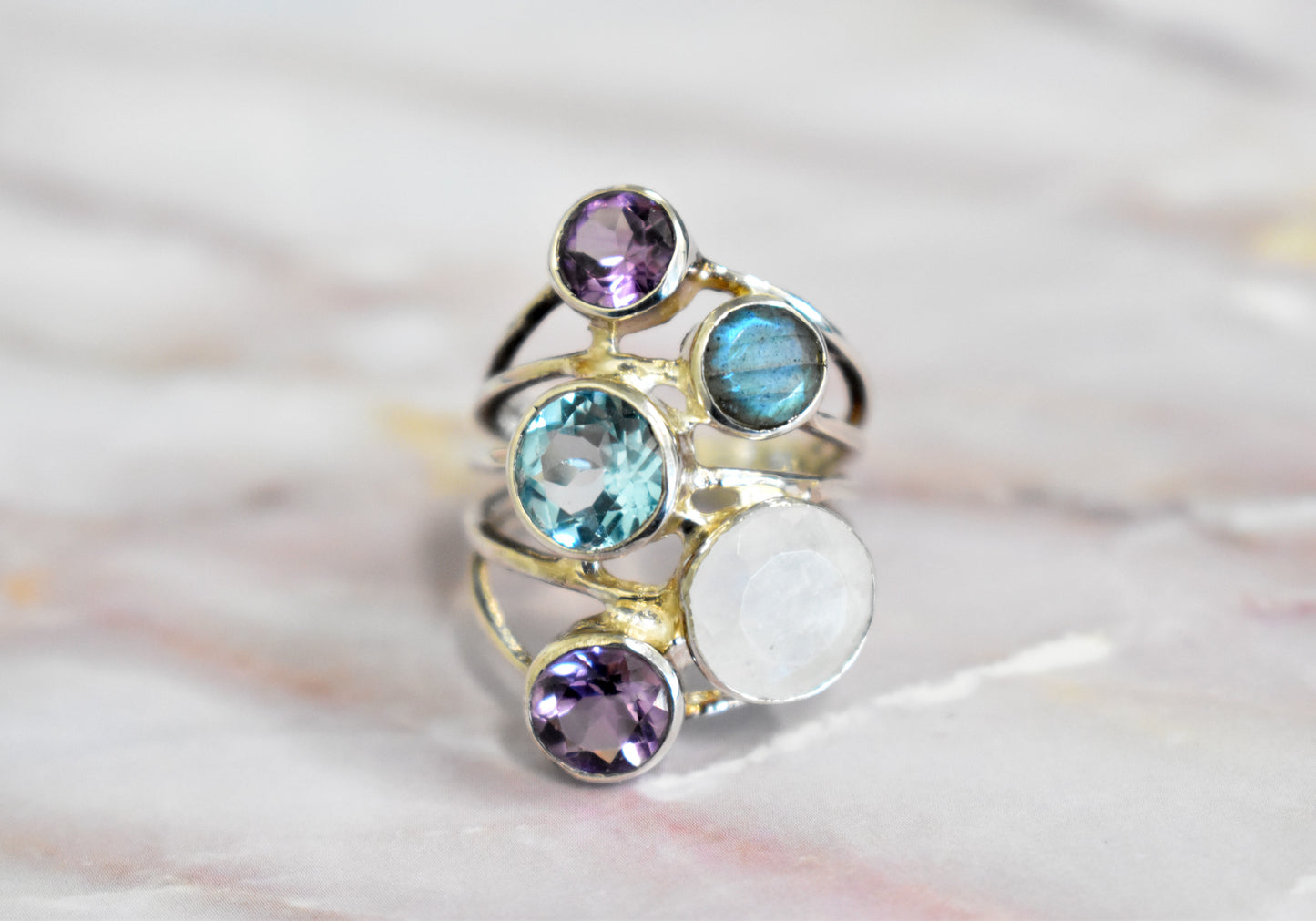 Amethyst, Blue Topaz, Moonstone and Labradorite Ring (Size 8)