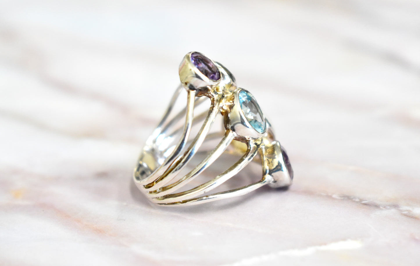 Amethyst, Blue Topaz, Moonstone and Labradorite Ring (Size 8)