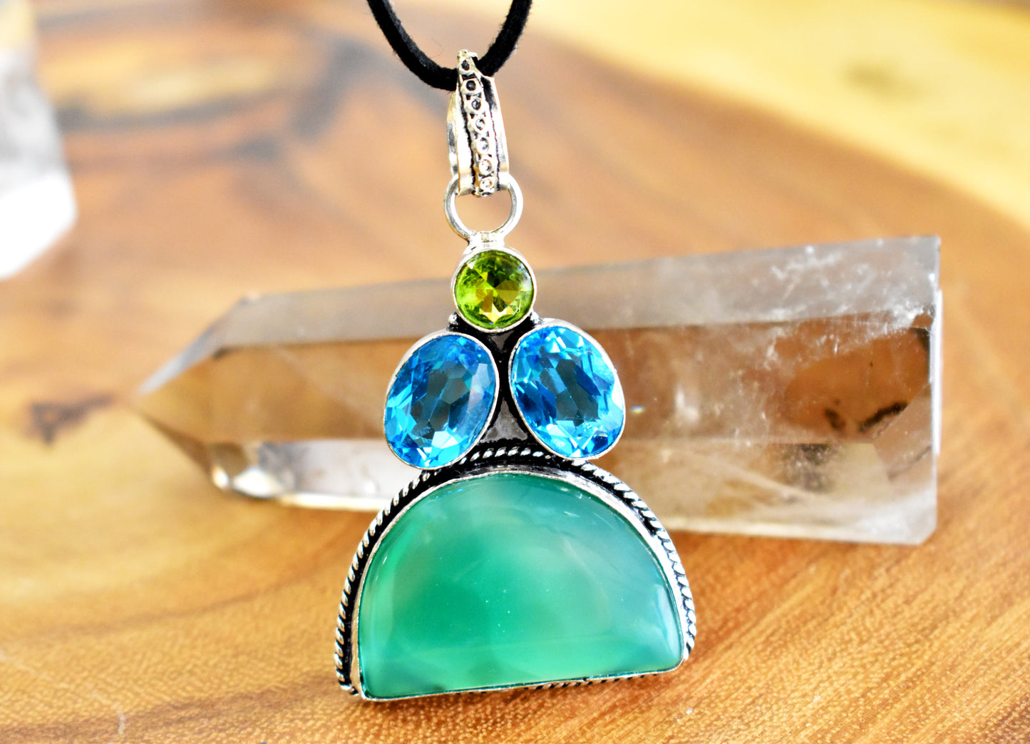 Peridot, Blue Topaz and Green Agate Necklace