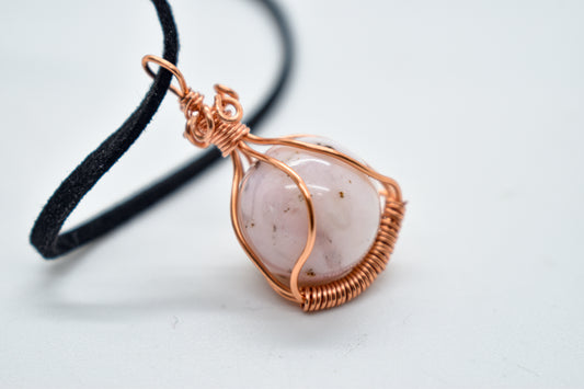 Copper Wrapped Pink Opal Bead Necklace