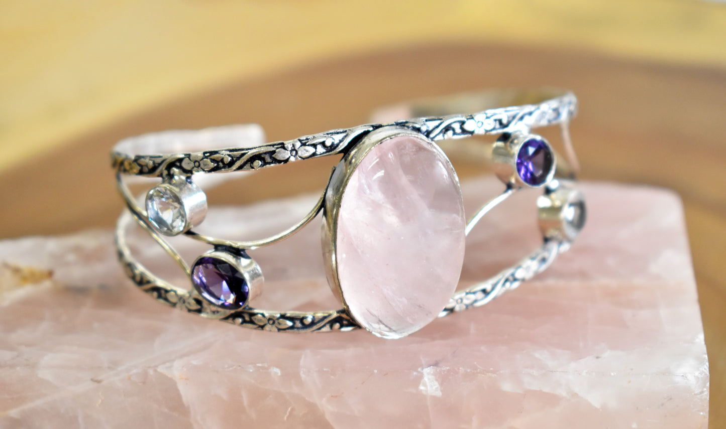 Rose Quartz, Amethyst and Crystal Quartz Cuff Bracelet