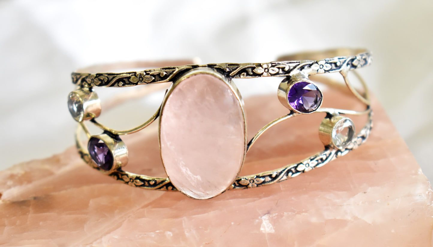 Rose Quartz, Amethyst and Crystal Quartz Cuff Bracelet