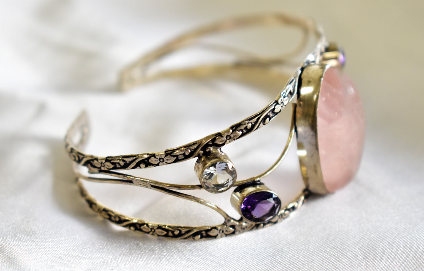 Rose Quartz, Amethyst and Crystal Quartz Cuff Bracelet